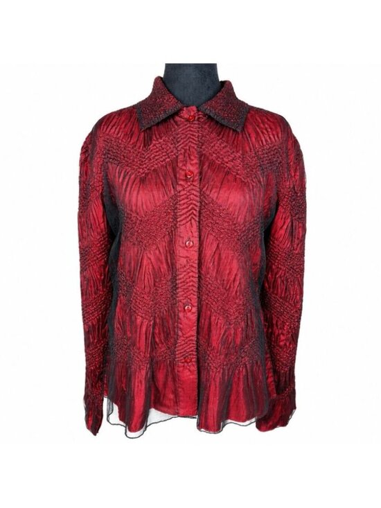 Coldwater Creek Tops - Coldwater Creek Red Crinkle Button-Up Top Lightweight Textured Chevron Medium